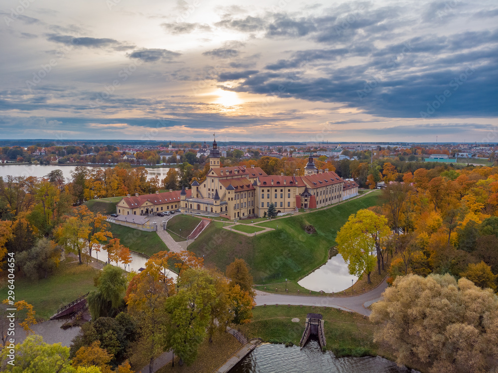 The sunset over the Nesvizh Palace. Drone aerial photo