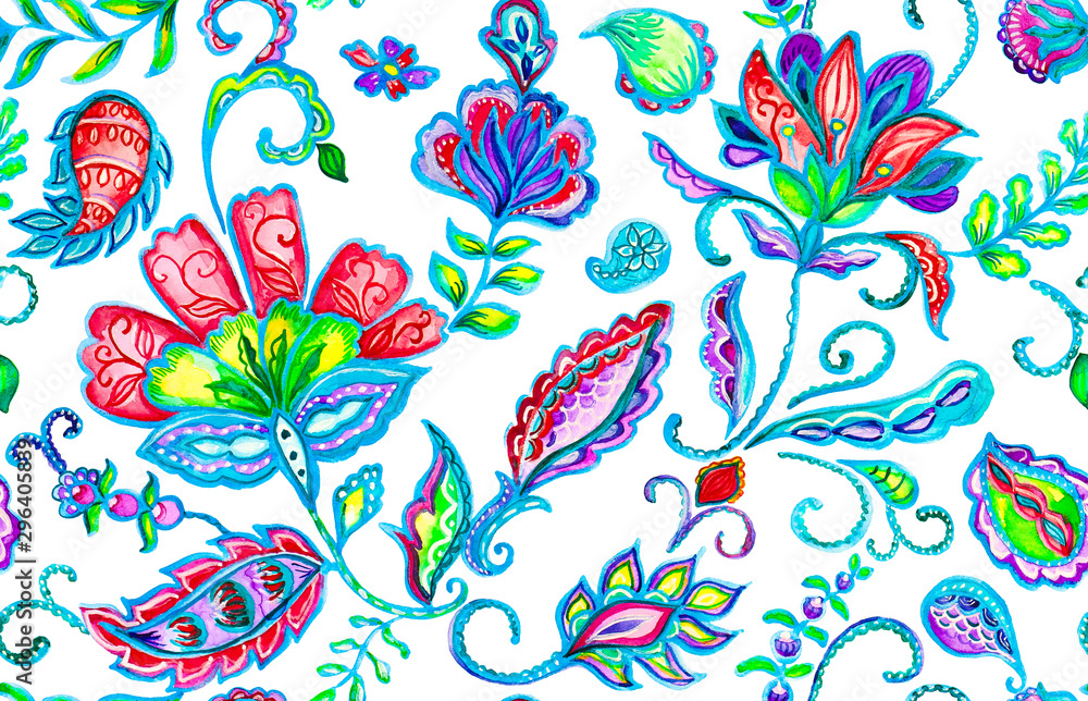 Hand drawn flower floral seamless tiling pattern. Colorful seamless pattern with rainbow watercolor hand painted tracery with flowers, paisley, buta and leaves. Isolated objects on white background.