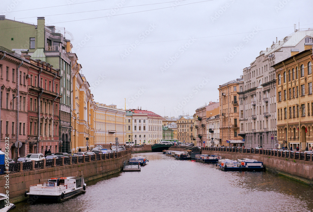 view of the Moika river from the embankment in St. Petersburg, buildings of the 18th century along the river.