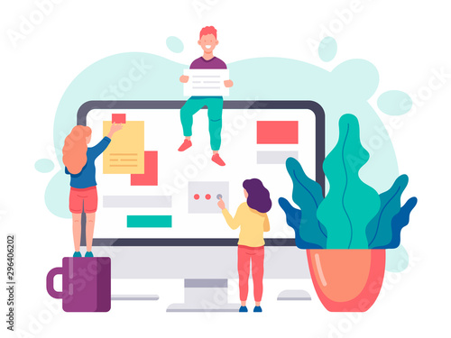 Business concept vector illustration. Brainstorming together in team work, communication, interaction, business process, agile project management concept. Flat design style colorful illustration