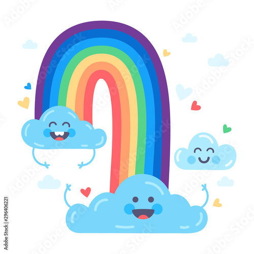 Lovely cute clouds in the sky having fun and smiling. Vector illustration with cute clouds, rainbow and hearts. Vector flat illustration