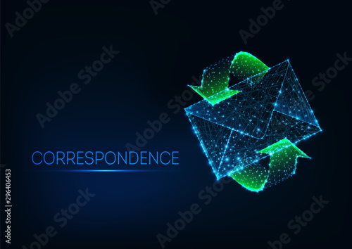 Futuristic glowing low polygonal mail envelope with green motion arrows on dark blue background.