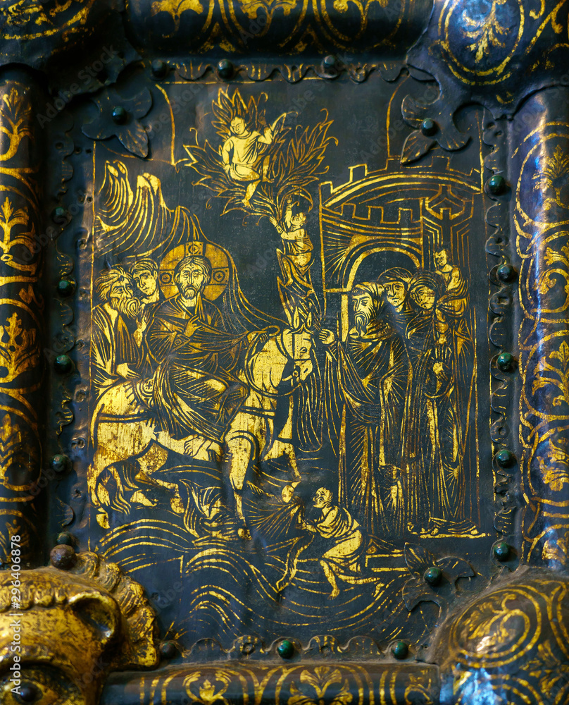 Icons on the Tsar's golden gate in  the Cathedral the Nativity in the Kremlin of Suzdal, well preserved old Russian town-museum. A member of the Golden ring of Russia