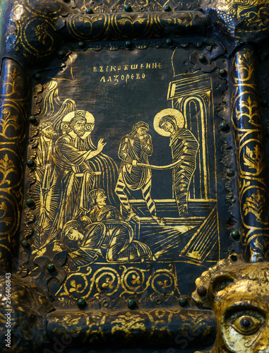 Icons on the Tsar's golden gate in the Cathedral the Nativity in the Kremlin of Suzdal, well preserved old Russian town-museum. A member of the Golden ring of Russia