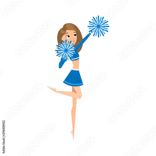 Young cheerleader in blue costume dancing with pompons vector illustration