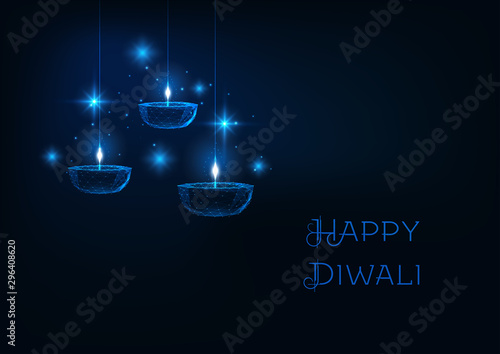 Happy diwali web banner with futuristic glowing low polygonal oil lamp diya on dark blue background.