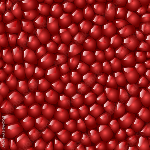 Seamless abstract fruit pattern. Ruby seeds of pomegranate on red background. Realistic pomegranate print.