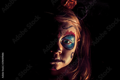 Spooky portrait of a girl. halloween party and the day of the dead concept
