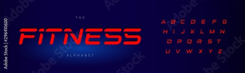 Fitness letters set. Red modern cut style alphabet on blue background. universal font for fitness, speed race, gym, workout, olympic games, auto and sport logo and posters. Vector typography design