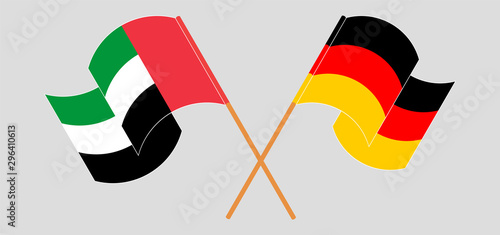 Crossed and waving flags of the United Arab Emirates and Germany