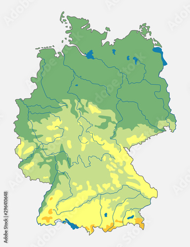 Vector geographic map of the Germany. Topographic map with contours, all water objects, mountains.
