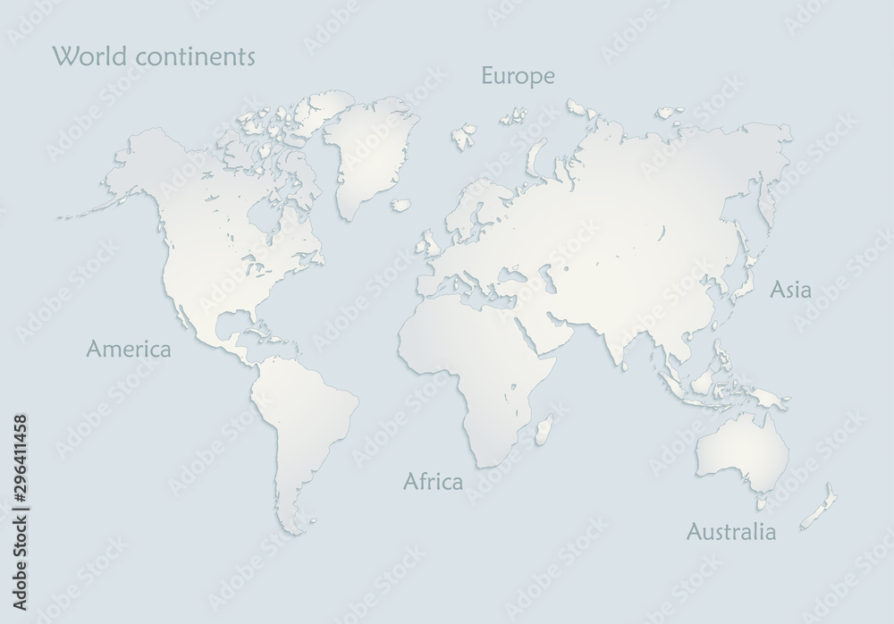 World continents map, America, Europe, Africa, Asia, Australia, text name blue white paper 3D vector