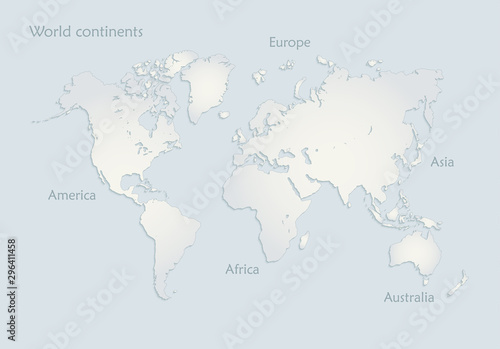 World continents map, America, Europe, Africa, Asia, Australia, text name blue white paper 3D vector