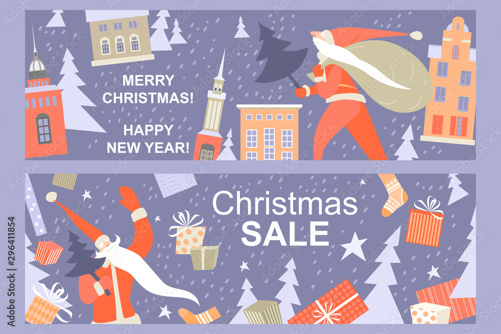 Two greeting Christmas banners with funny Santa Clauses on a background of a winter cityscape. Christmas sale announcement.