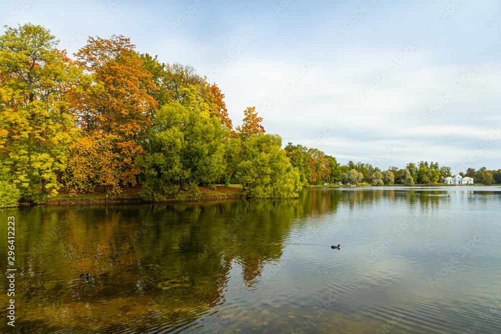 Autumn Park in Pushkin. Large pond. Saint-Petersburg. Morning. Autumn Park in Pushkin. Large pond. Saint-Petersburg. Morning.