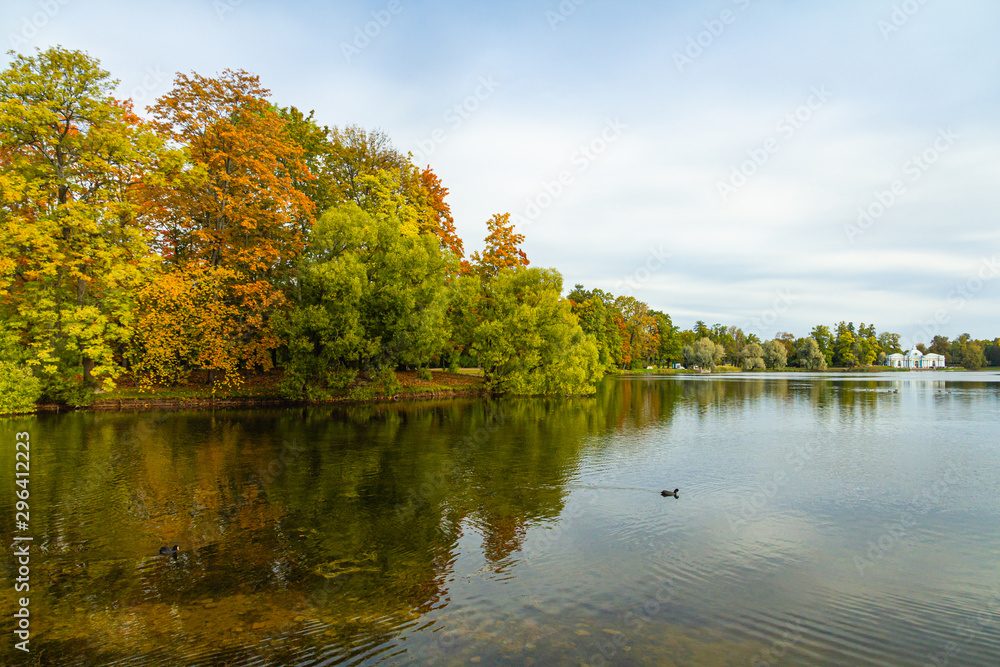 Autumn Park in Pushkin. Large pond. Saint-Petersburg. Morning.