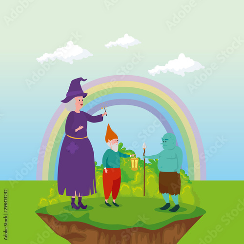 witch with ogre and dwarf in scene fairytale vector illustration design