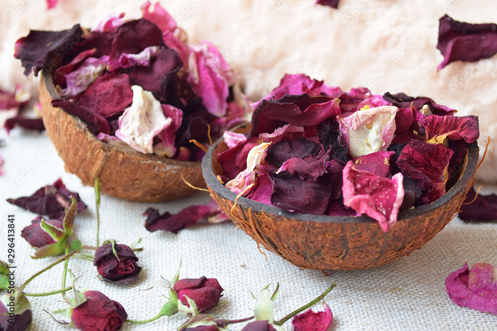 Rose blossom, Petals in coconut bowl, Pink flowers, Beauty background Rose blossom, Petals in coconut bowl, Pink flowers, Beauty background