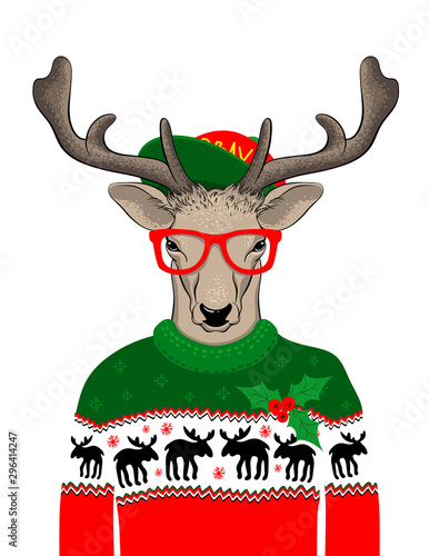 Plakat Świąteczny Hipster w okularach i kapeluszu
