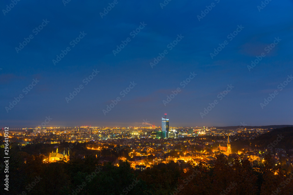 Cityscape of Gdansk Oliwa at night, Poland