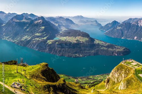 Fantastic view to Lake Lucerne with Rigi and Pilatus mountains, Brunnen town from Fronalpstock, Switzerland, Europe