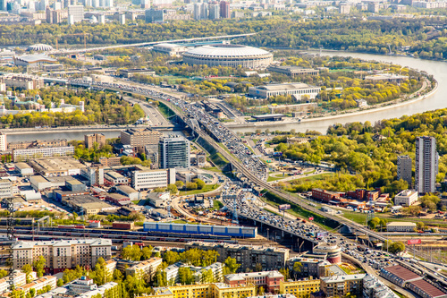 Aerial photography. View of Moscow in summer. Luzhniki stadium Moscow river, TV tower.