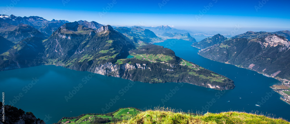 Fantastic view to Lake Lucerne with Rigi and Pilatus mountains, Brunnen town from Fronalpstock, Switzerland, Europe