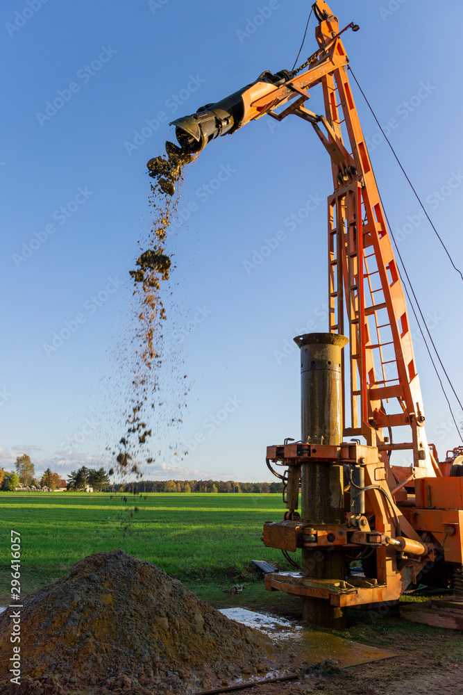 Ground water hole drilling machine installed on a truck. Groundwater