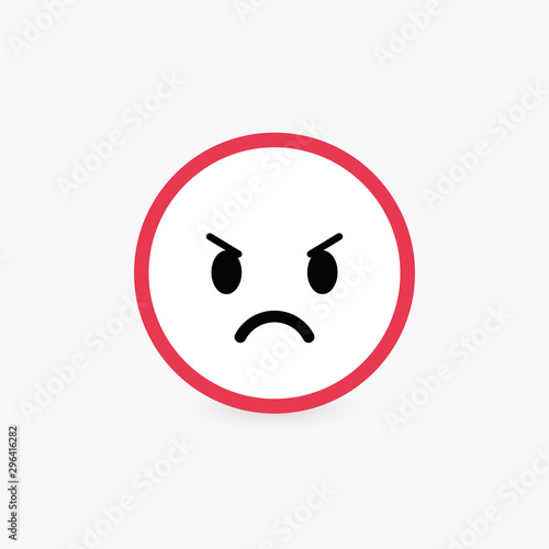 Angry face, poor customer review and emotional assessment of goods or services quality. Harsh round vector icon with bright red contour, flat emoticon button.
