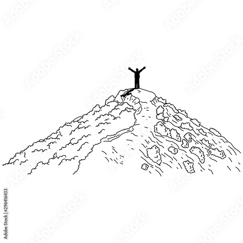 silhouette of man hand up on top of the mountain vector illustration sketch doodle hand drawn with black lines isolated on white background