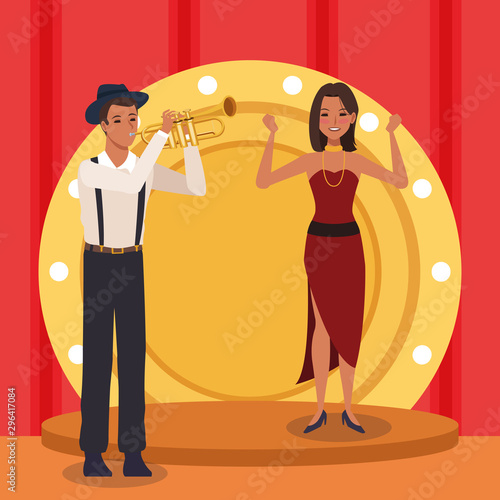 cartoon trumpeter and dancer, Jazz music band design