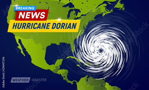 Dorian Hurricane cyclone on USA map, typhoon spiral storm over Florida, spin vortex on black background, breaking news TV flat vector illustration. photo