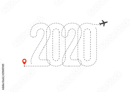 New year travel icon. 2020 Flight Map, Destination point with 2020 path in New Year trip logo concept. Isolated vector illustration.