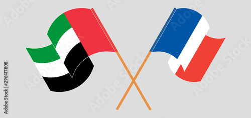 Crossed and waving flags of the United Arab Emirates and France
