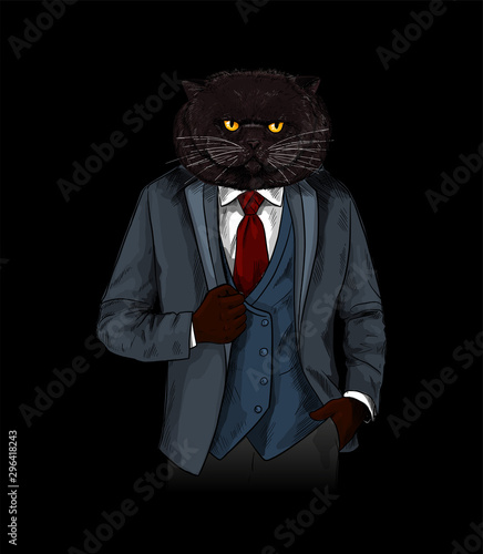 Anthropomorphic cat dressed in elegant grey suite