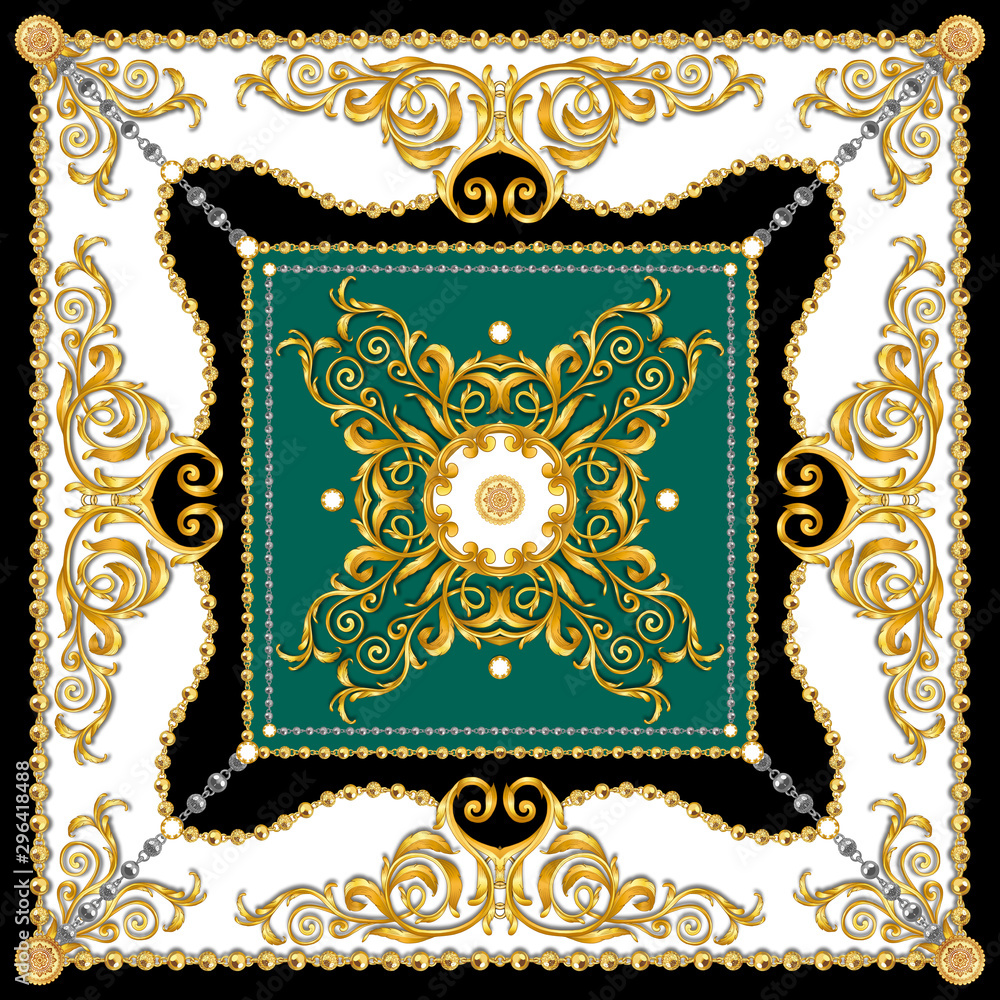 oven Niet verwacht rekenmachine Versace Style Pattern Ready for Textile. Scarf Design for Silk Print.  Golden Baroque with Chains on White and Green Background. Stock  Illustration | Adobe Stock