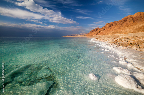 View of Dead Sea coastline at sunset time