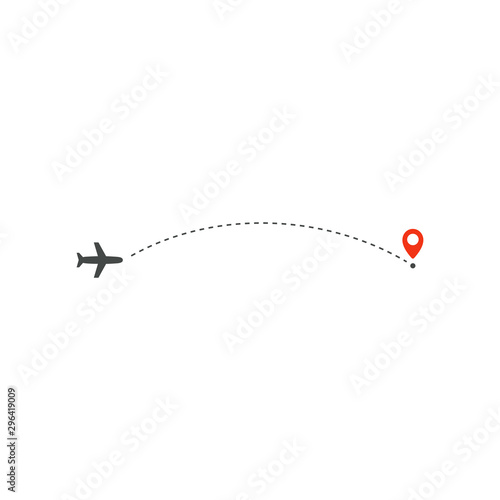 Plane way icon, airplane path direction and destination red point, logo design template, holiday trip vector illustration template on white background.