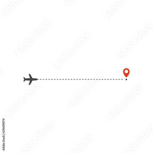 Plane way icon, airplane straight ahead path direction and destination red point, logo design template, holiday trip vector illustration template on white background.