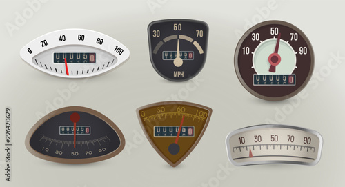 Speedometers, speed gauges realistic vector illustrations set
