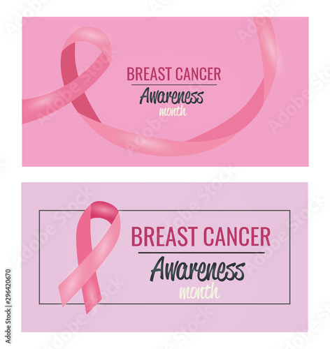 set of poster breast cancer awareness month with decoration vector illustration design