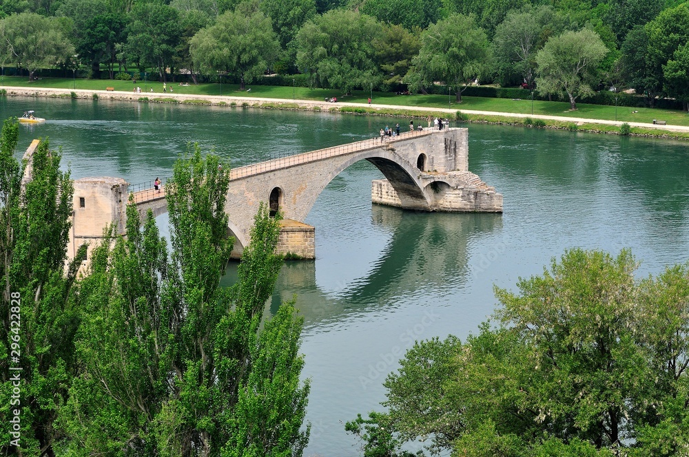 Fototapeta premium Vue sur le Pont d'Avignon au printemps, Le Rhône, France