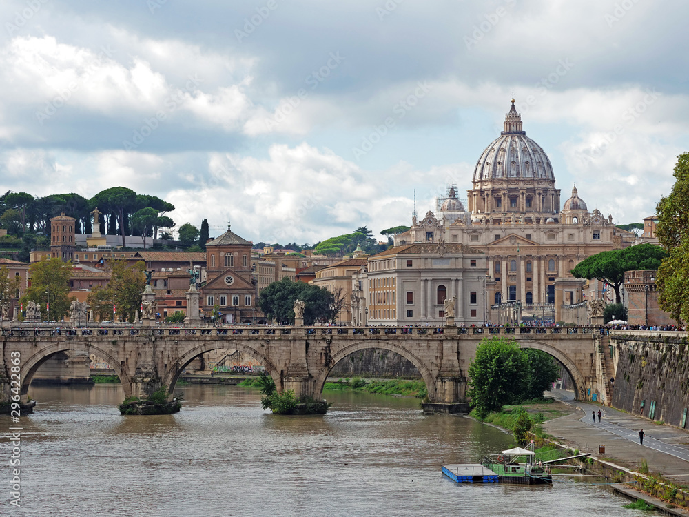 Ponte Vittorio Emanuele bridge and Papal Basilica of San Pietro in Vatican seen from Ponte Sant Angelo