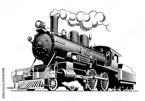 Vintage steam train locomotive, engraving style vector illustration. photo