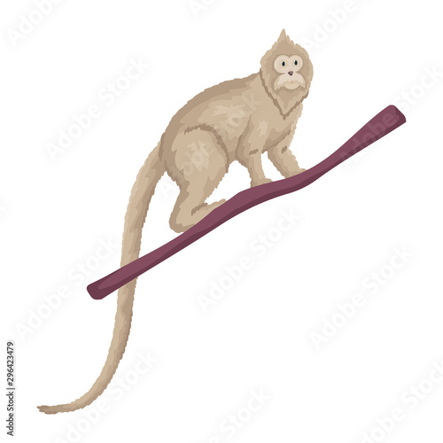 Cute tropical white gibbon monkey on the branch. Vector illustration isolated on white background