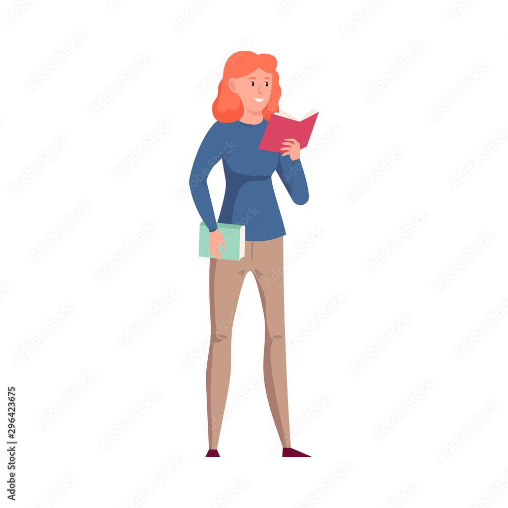Young girl standing and reading a book with the red cover. Vector illustration in a flat cartoon style. Young girl standing and reading a book with the red cover. Vector illustration in a flat cartoon style.