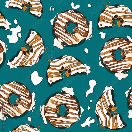 Glazed chocolate donuts with fudge and caramel sauce melting on the table. Illustration of sweet cakes with frosting seamless pattern.