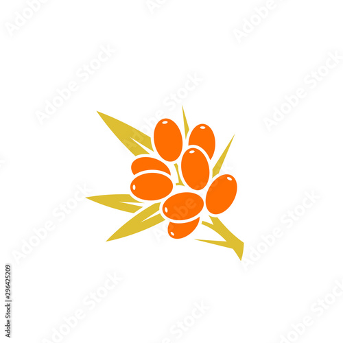 Sea buckthorn berry. Logo. Isolated berries with leaves on white background