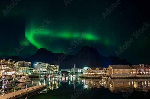 Svolvaer by night with northern lights, Norway