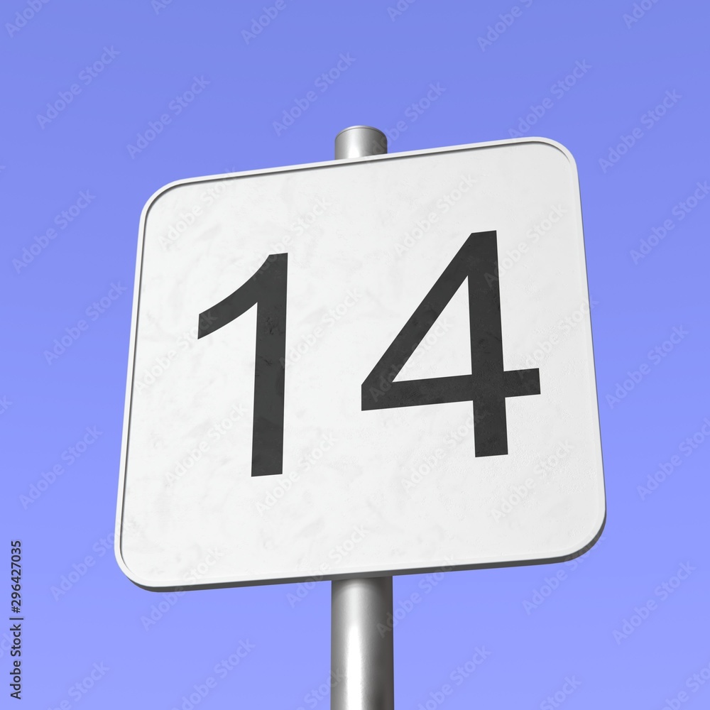 Number 14. Fourteen. Street sign on blue clear sky background Number 14. Fourteen. Street sign on blue clear sky background